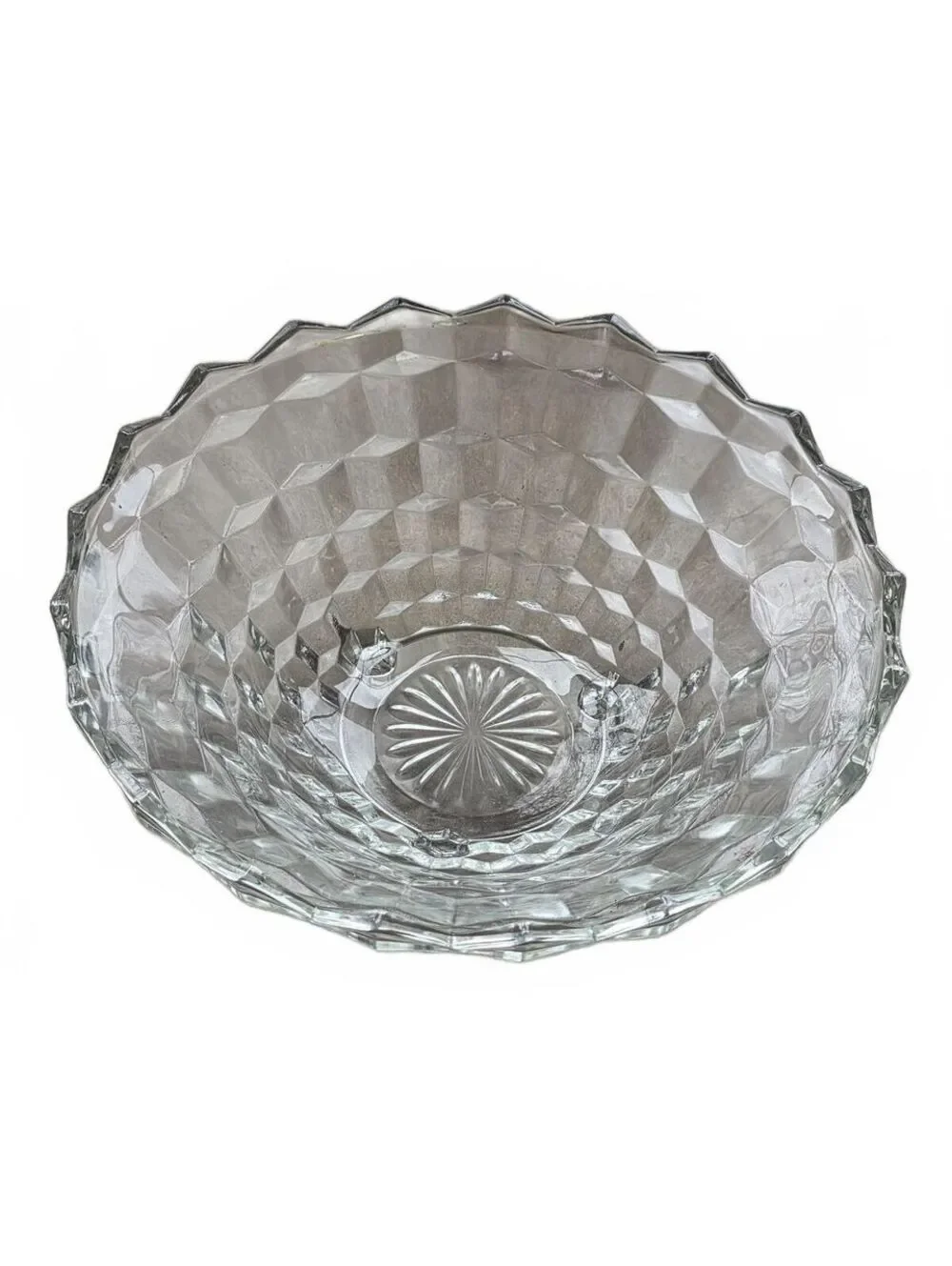 Vintage Clear Glass Footed Serving Bowl Cubist Diamond Point